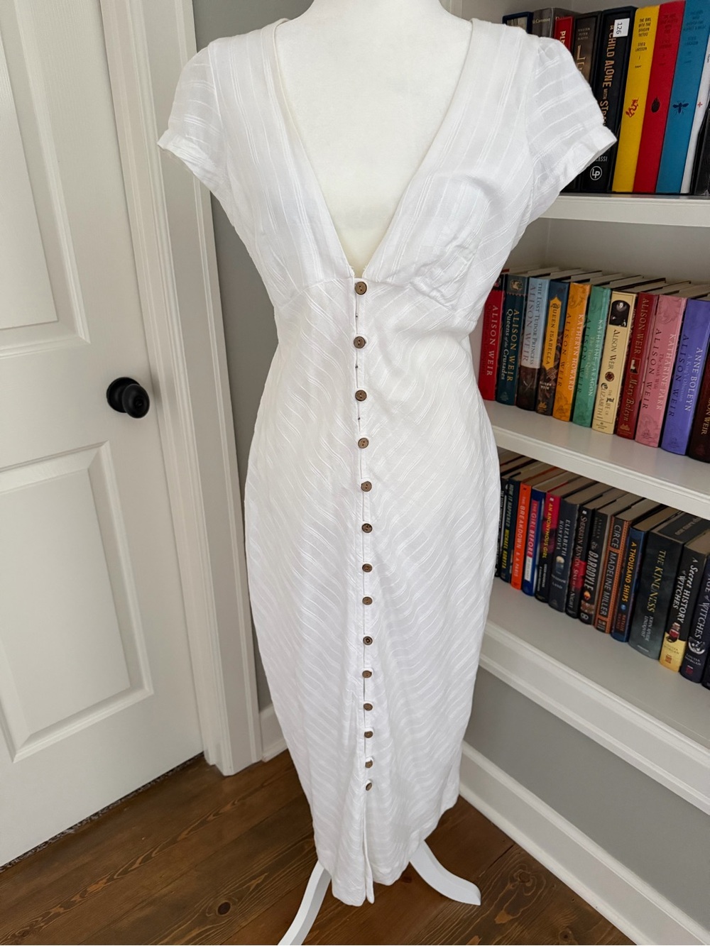 Free People White Button-Front V-Neck Midi Dress